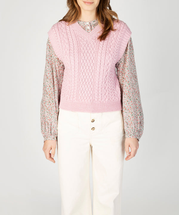 Irelands Eye Pansy V-Neck Aran Vest Pale Pink