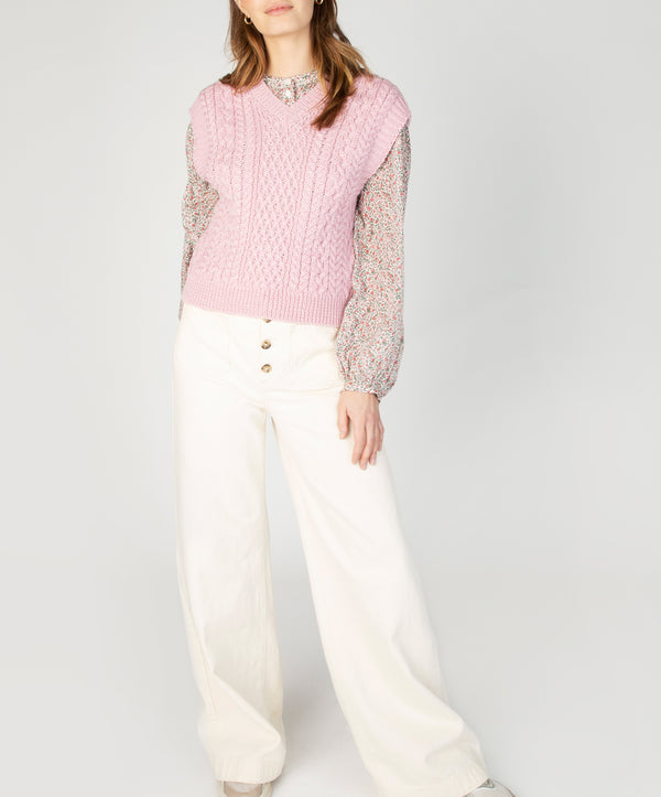 irelands eye Pansy V-Neck Aran Vest Pale Pink