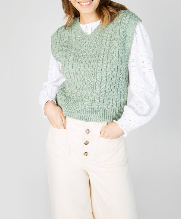 Irelands Eye Pansy V-Neck Aran Vest Sage Marl