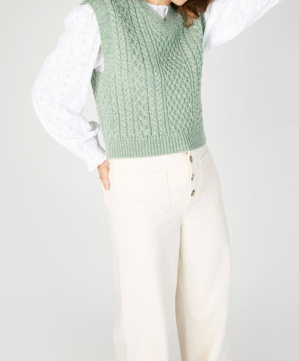 Irelands Eye Pansy V-Neck Aran Vest Sage Marl