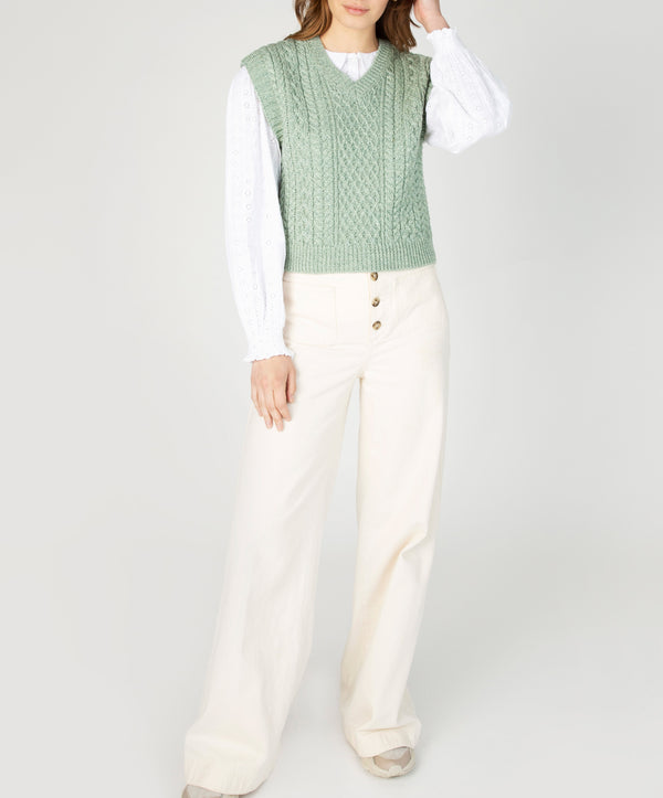 irelands eye Pansy V-Neck Aran Vest Sage Marl
