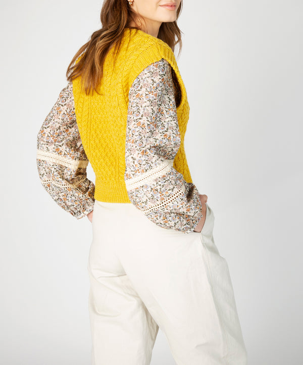 Irelands Eye Pansy V-Neck Aran Vest Sunflower