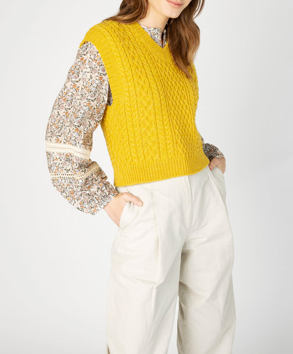 Irelands Eye Pansy V-Neck Aran Vest Sunflower