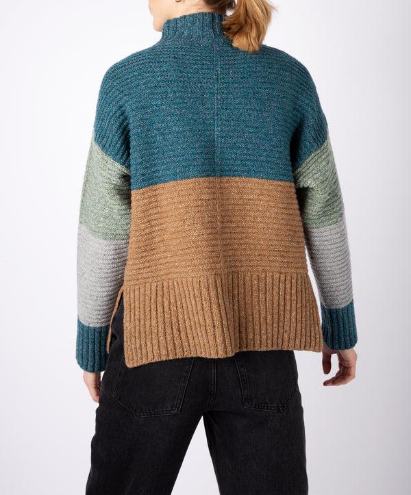 Irelands Eye Iris' Contrast Panel Funnel Neck Sweater Aquamarine Biscuit