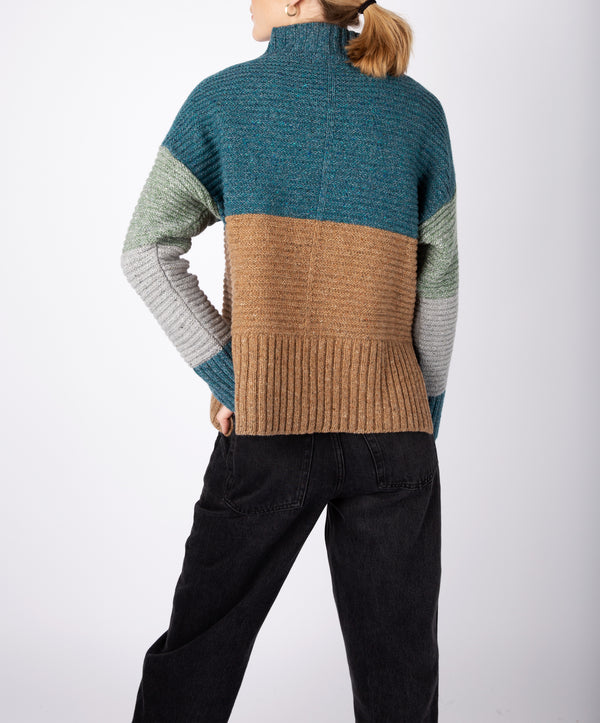 Irelands Eye Iris' Contrast Panel Funnel Neck Sweater Aquamarine Biscuit