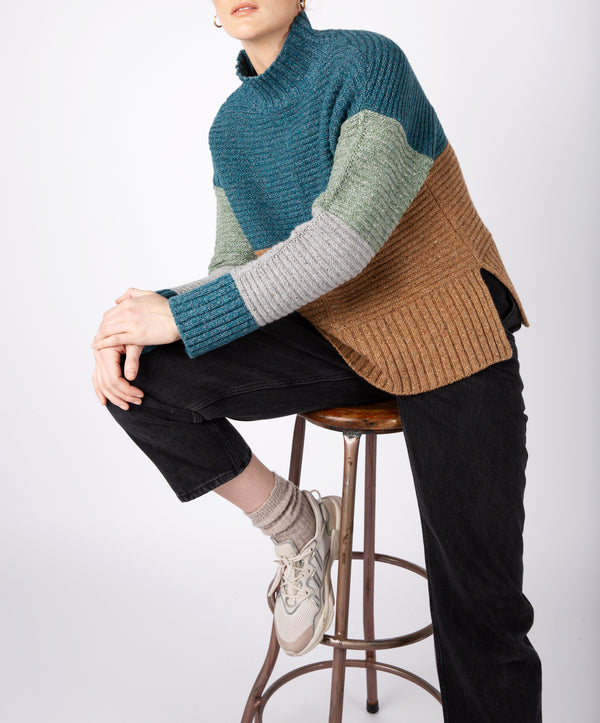 irelands eye Iris' Contrast Panel Funnel Neck Sweater Aquamarine Biscuit