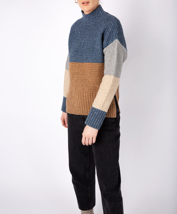 Irelands Eye Iris' Contrast Panel Funnel Neck Sweater Seaspray Biscuit