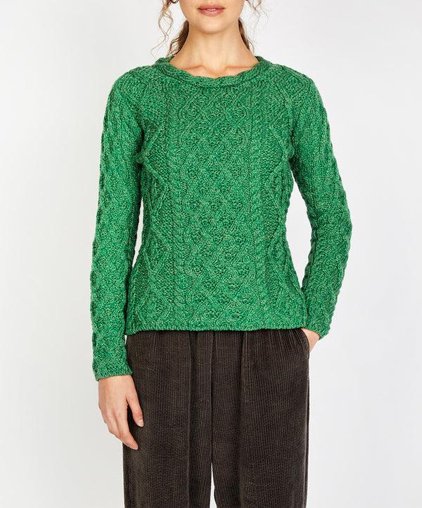 irelands eye Lambay Lattice Cable Aran Sweater Green Marl