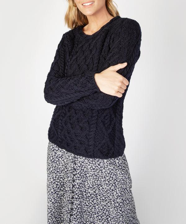 Irelands Eye Lambay Lattice Cable Aran Sweater Navy