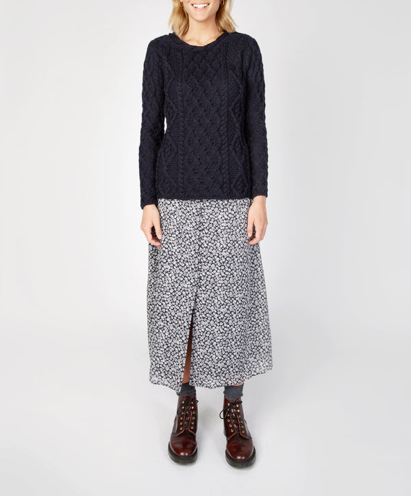 irelands eye Lambay Lattice Cable Aran Sweater Navy