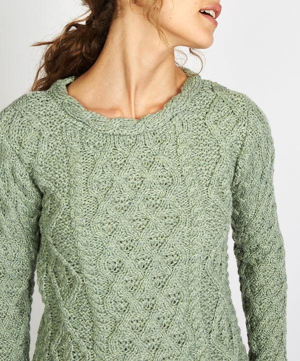 Irelands Eye Lambay Lattice Cable Aran Sweater Sage Marl