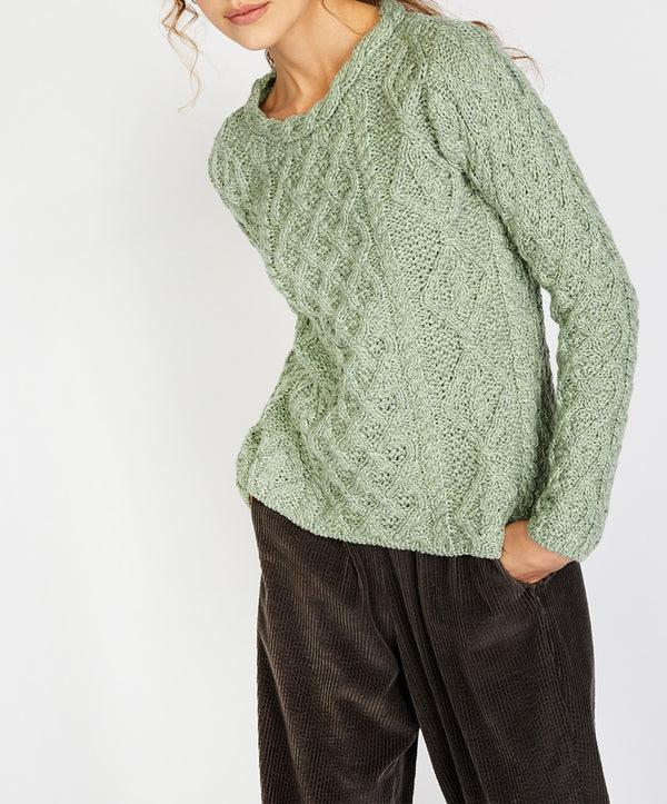 Irelands Eye Lambay Lattice Cable Aran Sweater Sage Marl