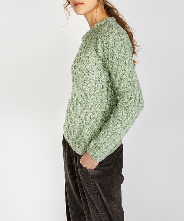 irelands eye Lambay Lattice Cable Aran Sweater Sage Marl