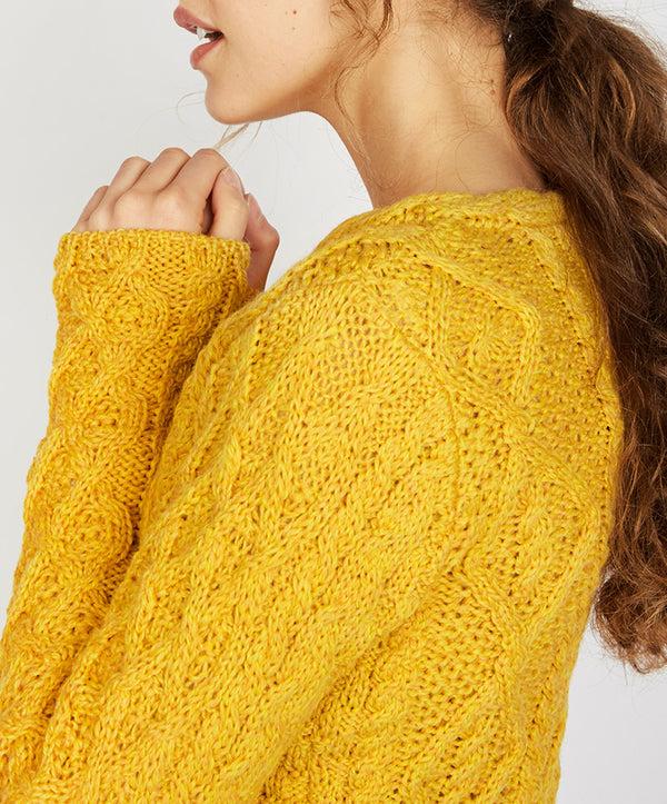 Irelands Eye Lambay Lattice Cable Aran Sweater Sunflower