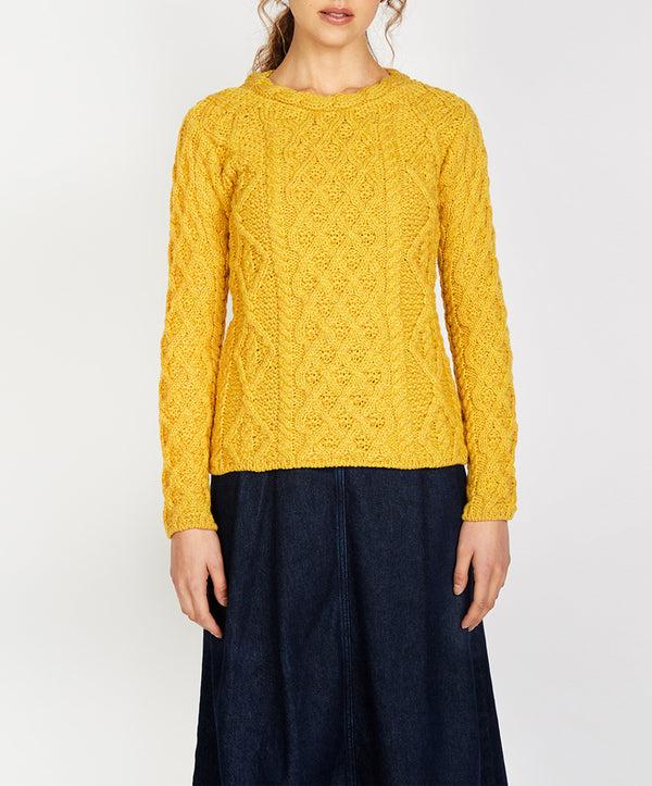 irelands eye Lambay Lattice Cable Aran Sweater Sunflower