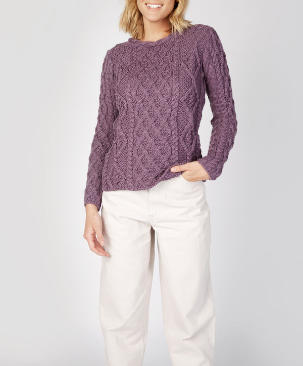 Irelands Eye Lambay Lattice Cable Aran Sweater Warm Lavender