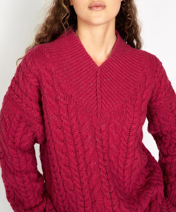 Irelands Eye Mill Lane Cable V-neck Sweater Bramble Berry