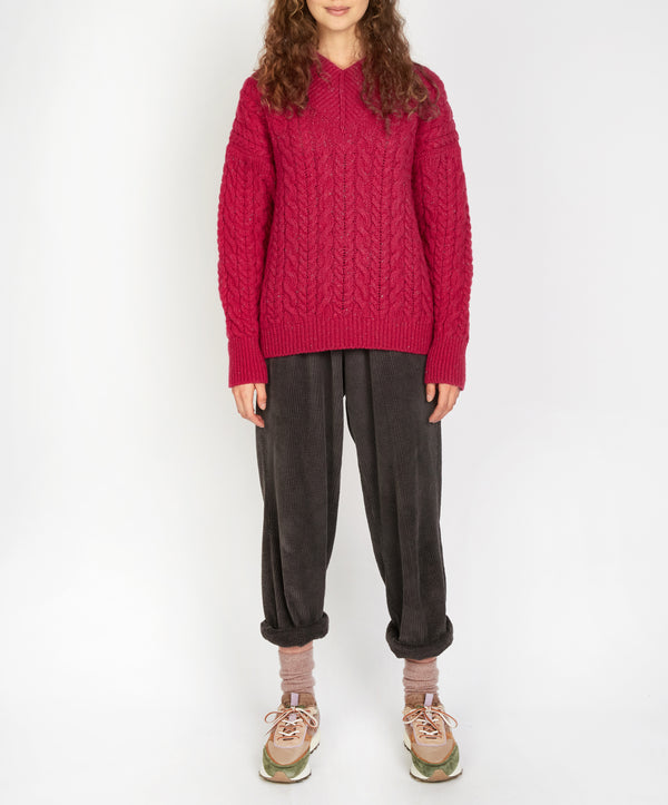 irelands eye Mill Lane Cable V-neck Sweater Bramble Berry