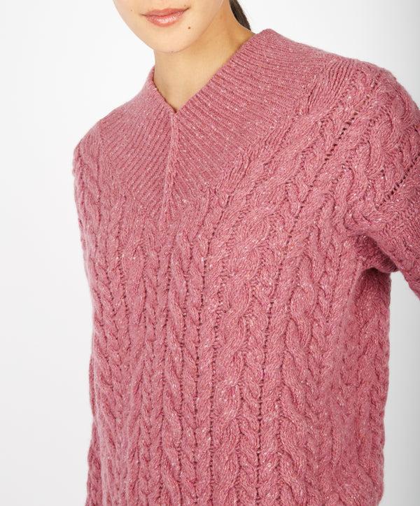 Irelands Eye Mill Lane Cable V-neck Sweater Bubblegum Pink