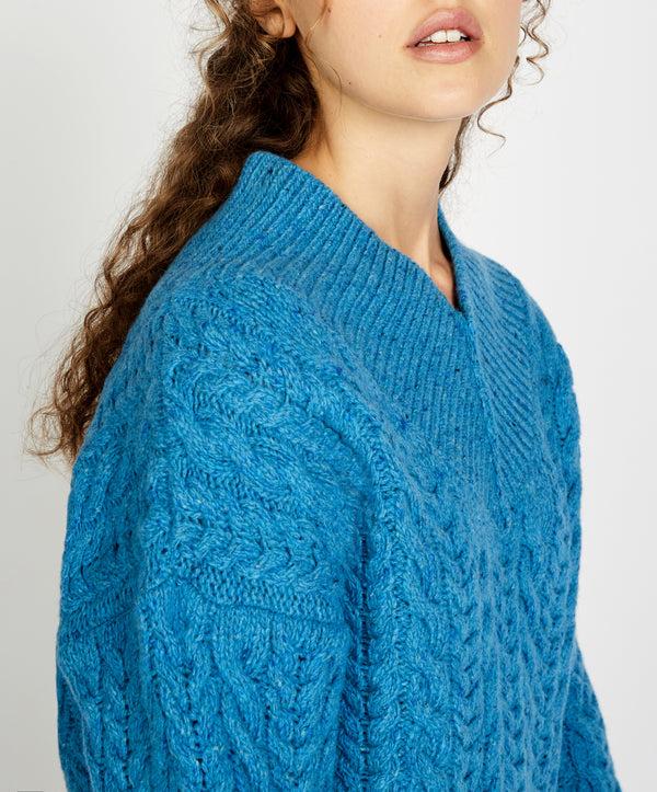 Irelands Eye Mill Lane Cable V-neck Sweater Forget-Me-Not Blue