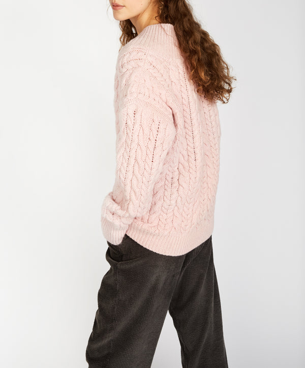 Irelands Eye Mill Lane Cable V-neck Sweater Pink Mist