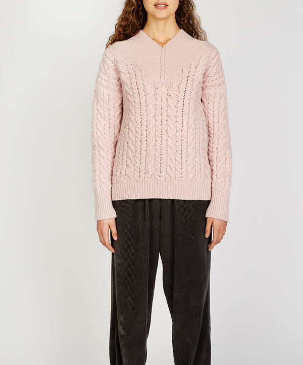 irelands eye Mill Lane Cable V-neck Sweater Pink Mist