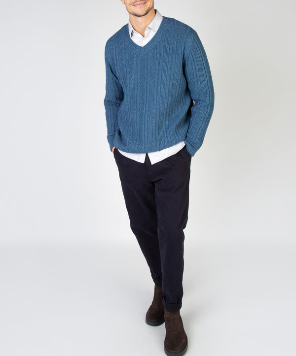 Irelands Eye Moss Stripe V-Neck Sweater Harbour Blue