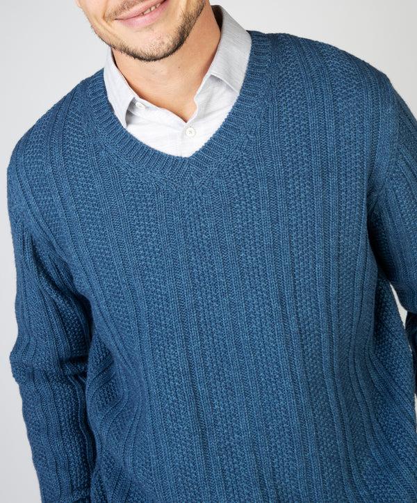 Irelands Eye Moss Stripe V-Neck Sweater Harbour Blue
