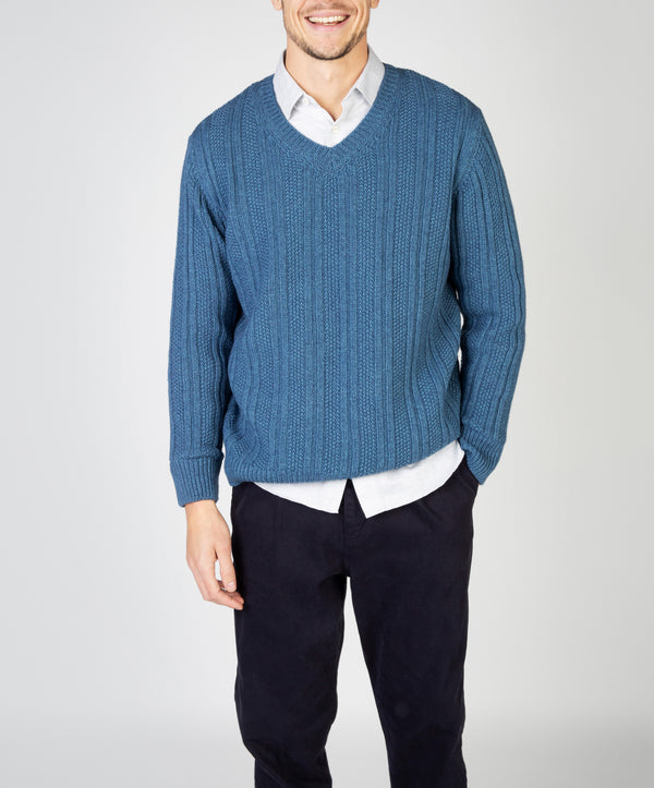 irelands eye Moss Stripe V-Neck Sweater Harbour Blue