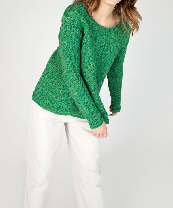 Irelands Eye Primrose A-Line Cable Round Neck Sweater Green Marl
