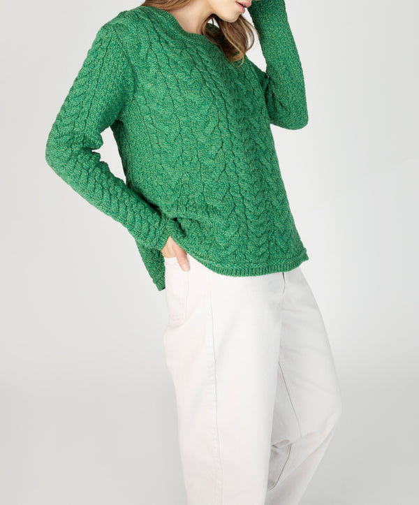 Irelands Eye Primrose A-Line Cable Round Neck Sweater Green Marl
