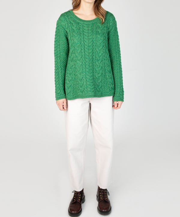 irelands eye Primrose A-Line Cable Round Neck Sweater Green Marl