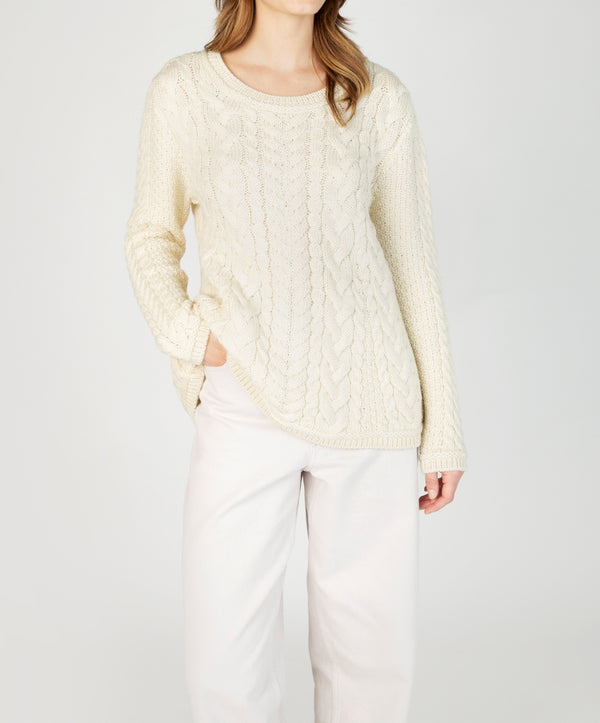 Irelands Eye Primrose A-Line Cable Round Neck Sweater Natural