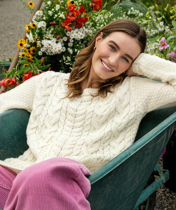 Irelands Eye Primrose A-Line Cable Round Neck Sweater Natural