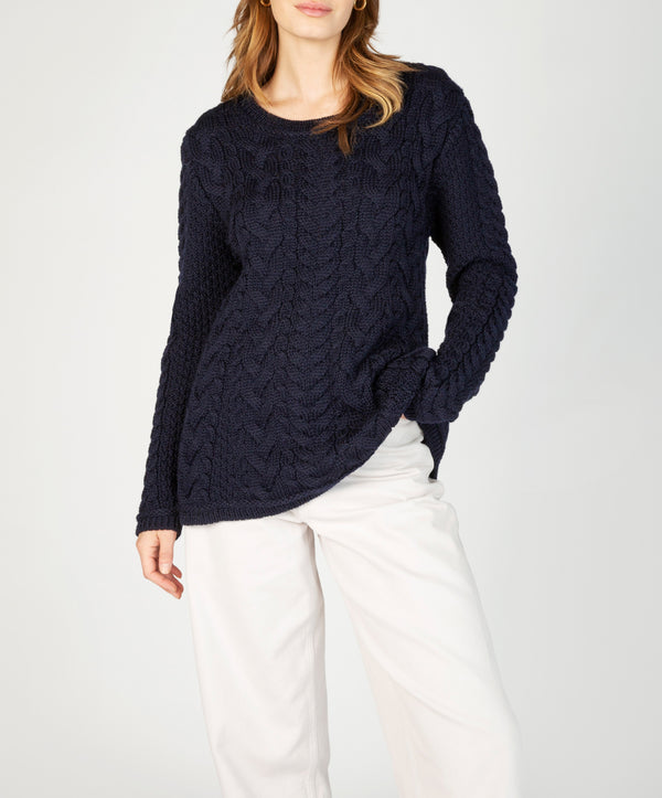 Irelands Eye Primrose A-Line Cable Round Neck Sweater Navy