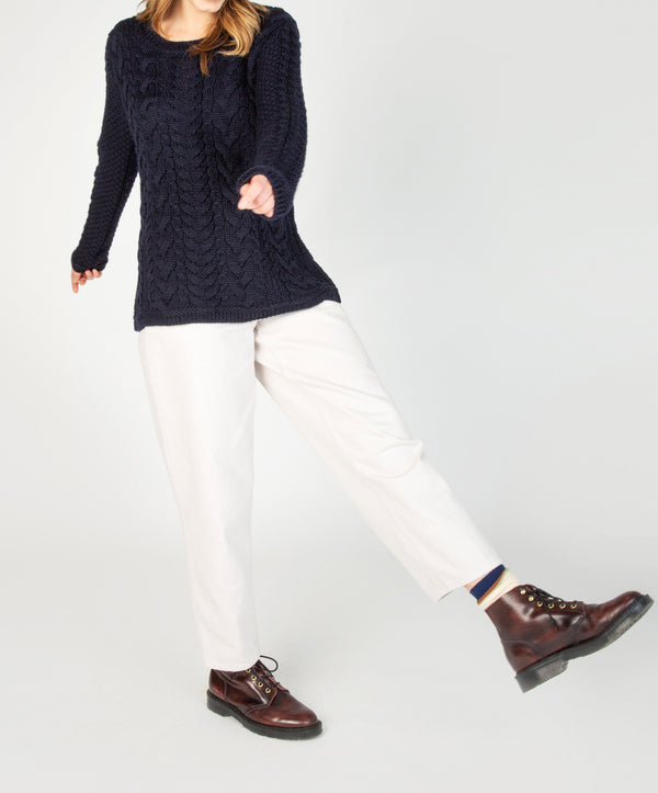 Irelands Eye Primrose A-Line Cable Round Neck Sweater Navy