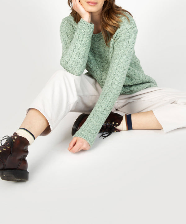 Irelands Eye Primrose A-Line Cable Round Neck Sweater Sage Marl
