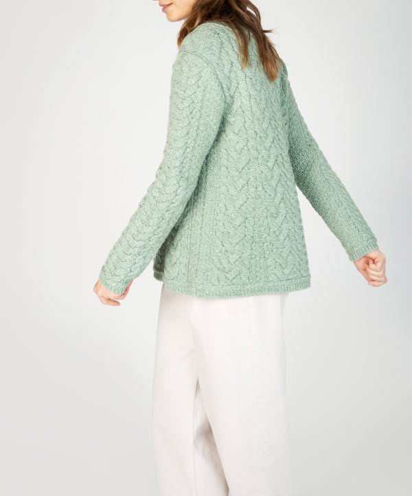 Irelands Eye Primrose A-Line Cable Round Neck Sweater Sage Marl