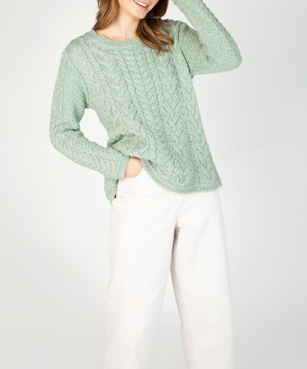 Irelands Eye Primrose A-Line Cable Round Neck Sweater Sage Marl