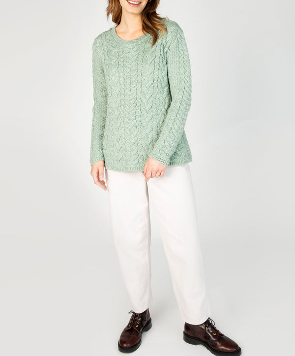 irelands eye Primrose A-Line Cable Round Neck Sweater Sage Marl