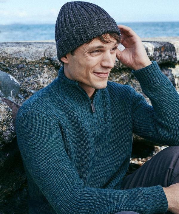 Irelands Eye Reefer Ribbed Zip Neck Sweater Evergreen