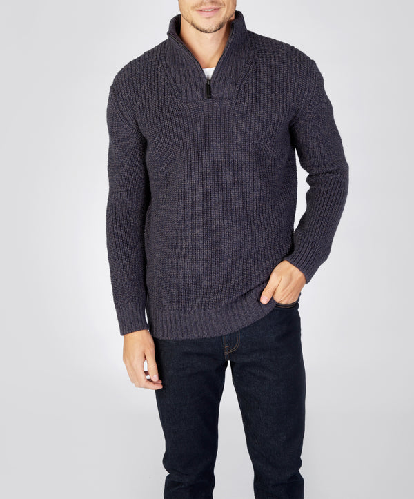 irelands eye Reefer Ribbed Zip Neck Sweater Navy Marl
