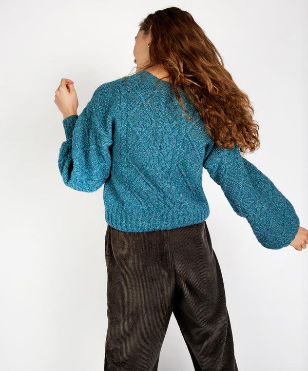 Irelands Eye Rosehip Cable Knit Cropped Sweater Aquamarine