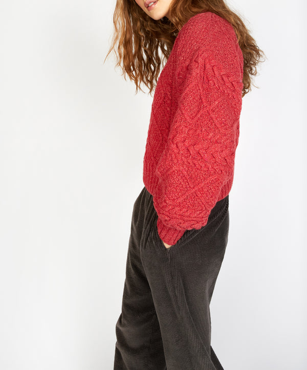 Irelands Eye Rosehip Cable Knit Cropped Sweater Coral