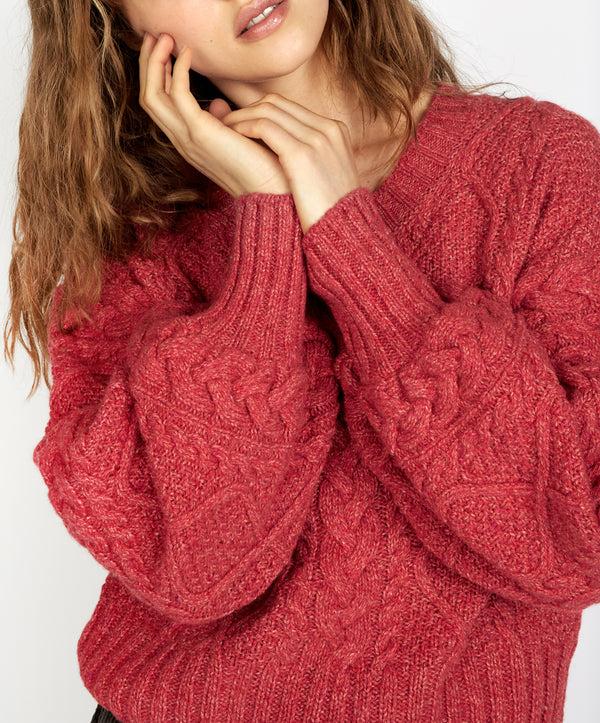 Irelands Eye Rosehip Cable Knit Cropped Sweater Coral