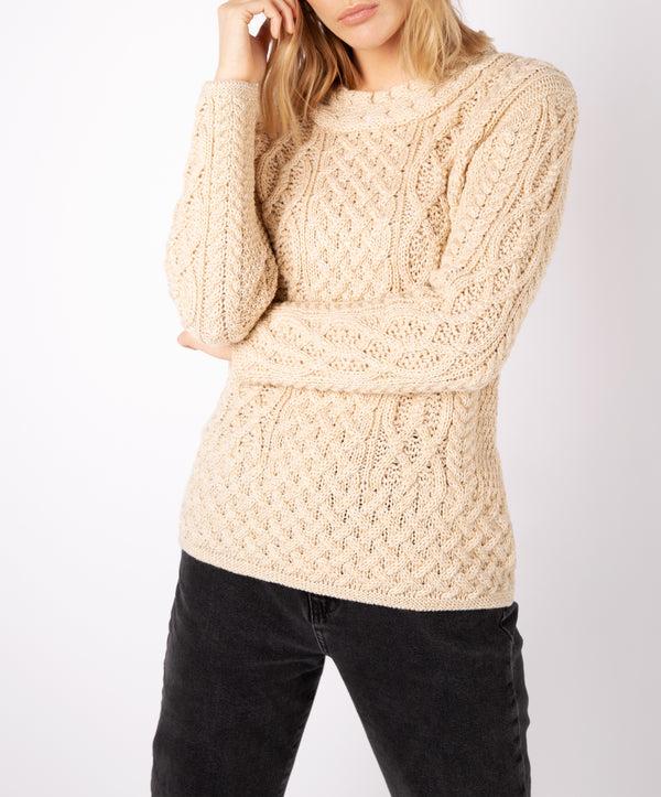 Irelands Eye Spindle Aran Cable Neck Sweater Oatmeal Marl