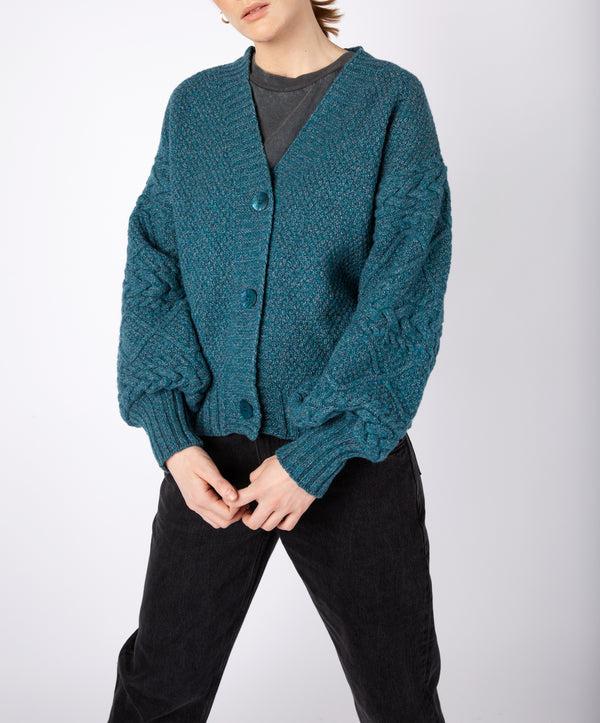 Irelands Eye Thistle Cable Knit Sleeves Cardigan Aquamarine