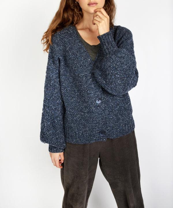Irelands Eye Thistle Cable Knit Sleeves Cardigan Dark Denim