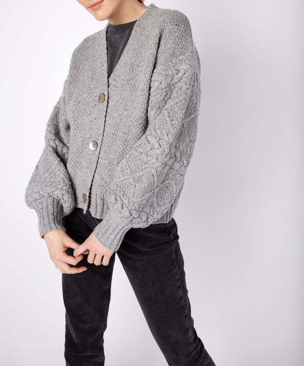 Irelands Eye Thistle Cable Knit Sleeves Cardigan Pearl Grey