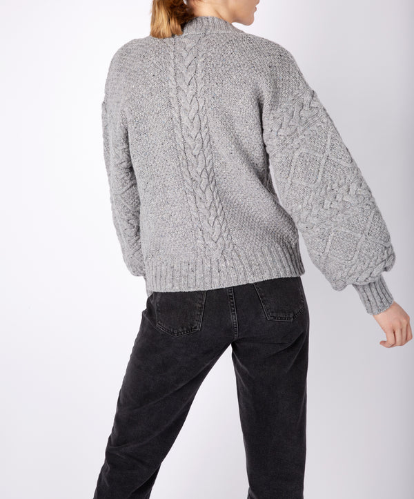 Irelands Eye Thistle Cable Knit Sleeves Cardigan Pearl Grey